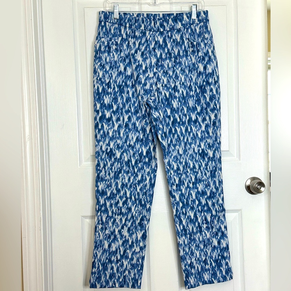 Susan Graver Pull On Ankle Pants Size 12 Blue White Pockets Stretch
